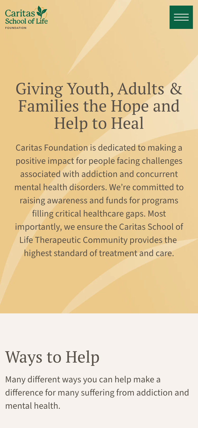 Caritas Foundation mobile homepage
