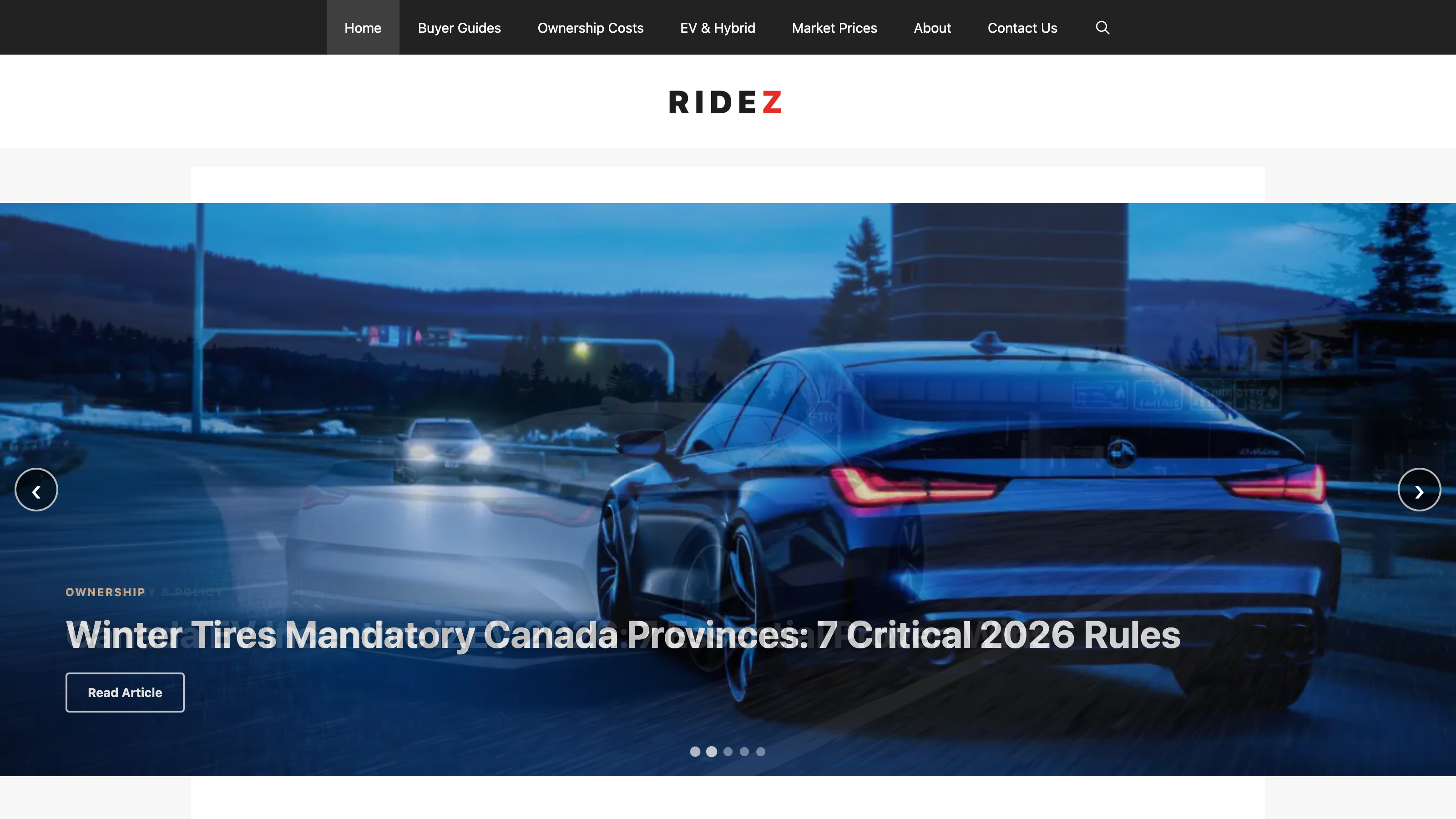 Ridez homepage with featured automotive cost guides