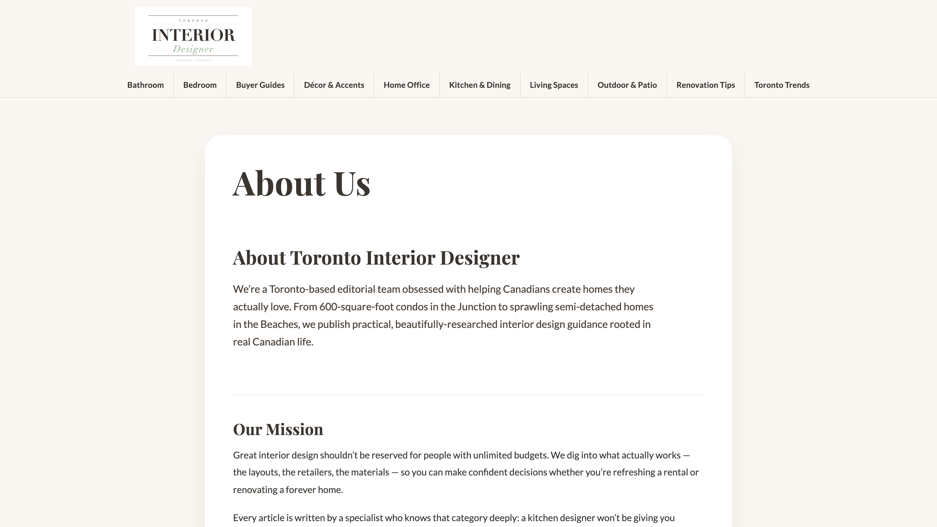 Toronto Interior Designer homepage editorial layout