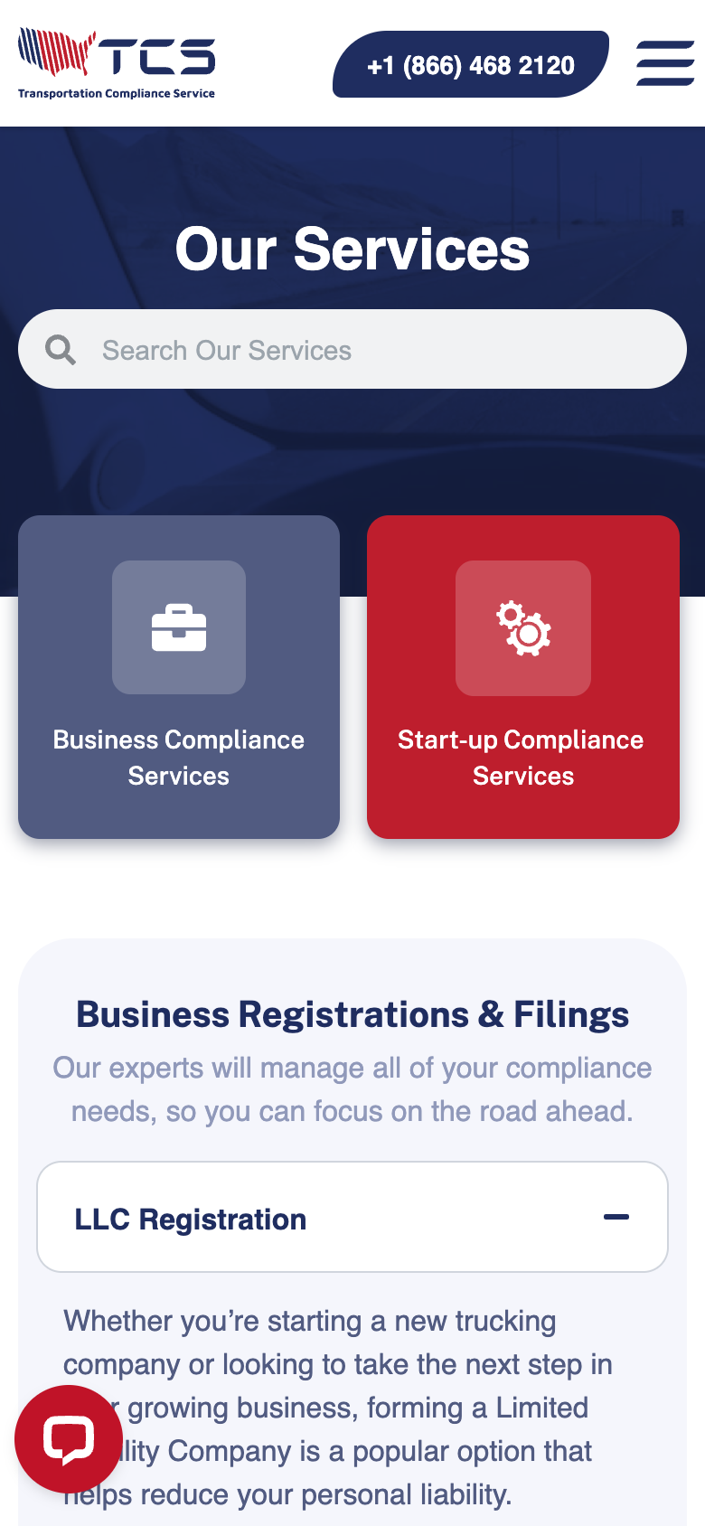 Transportation Compliance Service mobile homepage