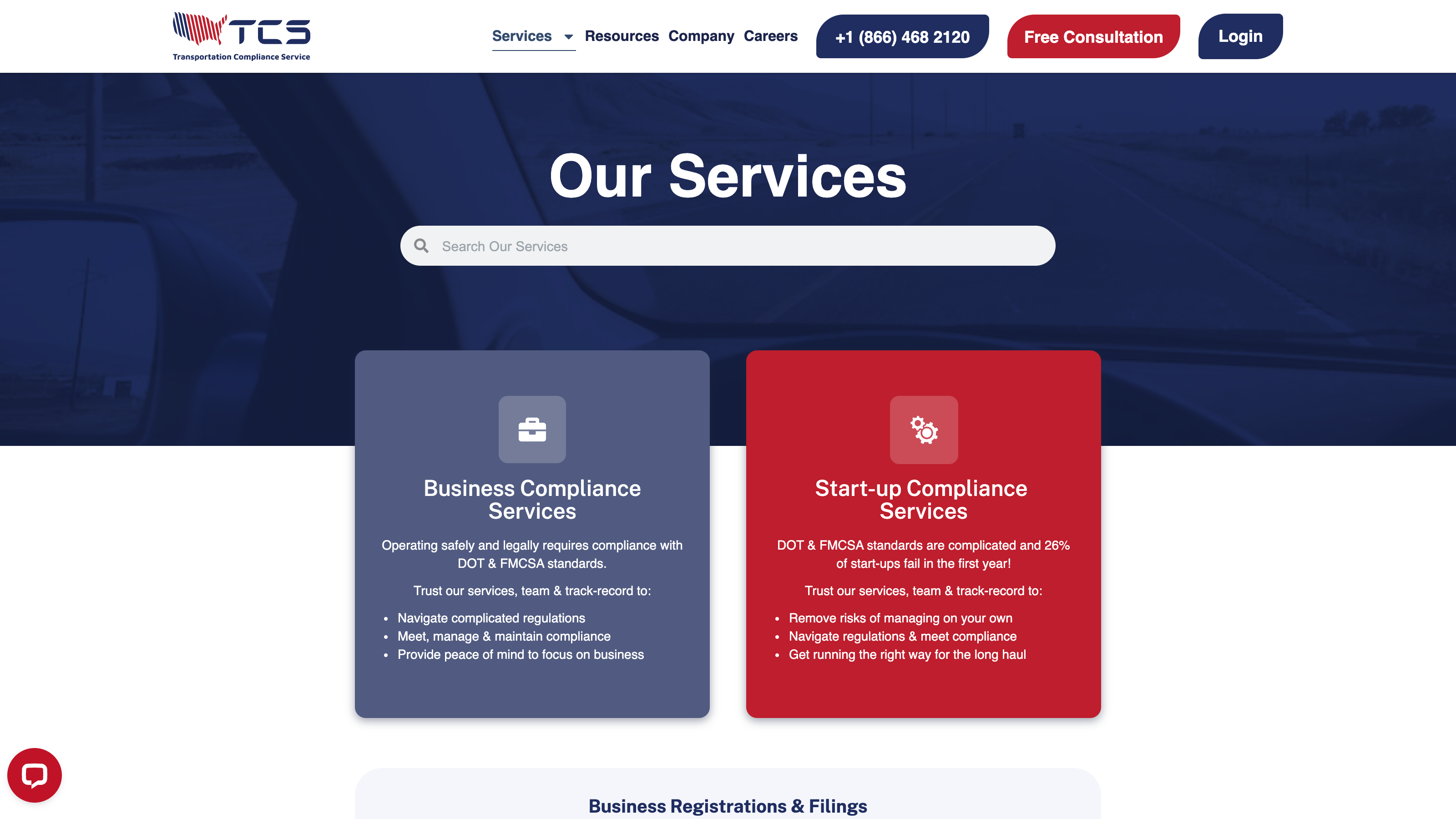 Transportation Compliance Service homepage with service categories