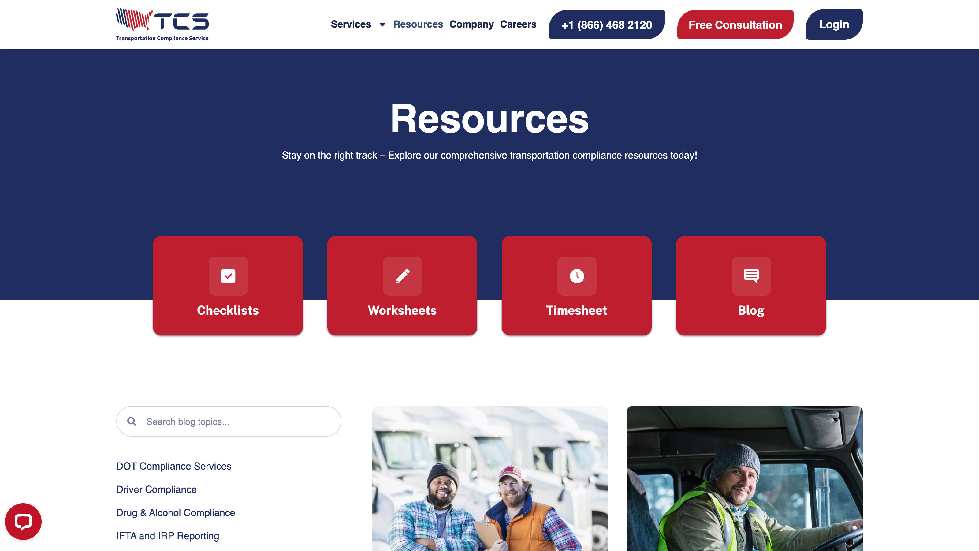Transportation Compliance Service contact page with segmented forms